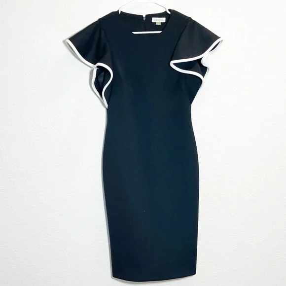 🔥 Calvin Klein black midi pencil dress with flutter sleeves Sz 8 - Picture 1 of 4